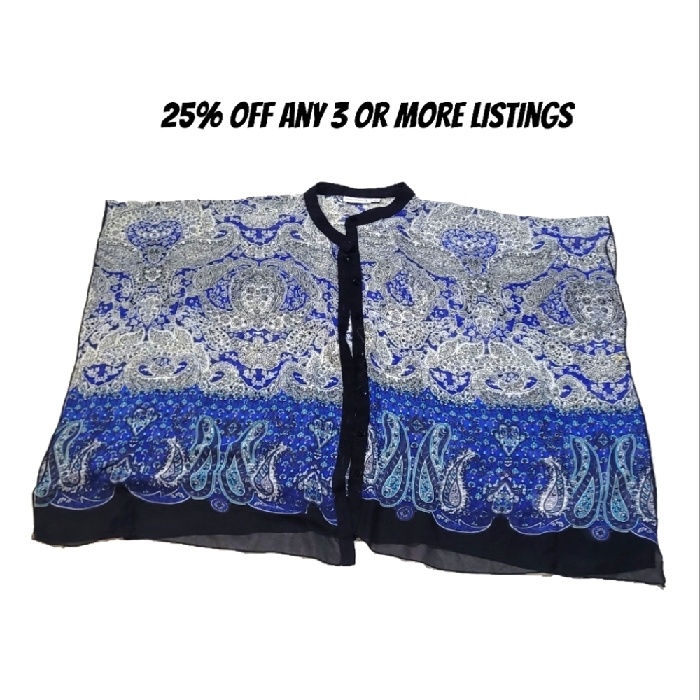 Elegant Blue Black Women's Top Size Medium Sheer Boho Flowy Cardigan Paisley